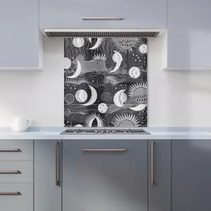 Abstract Black White Moon and Sun Premium Glass Kitchen Splashback W700mm x H650mm