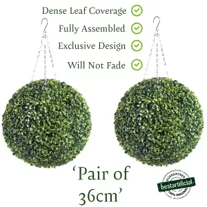 Pair of Best Artificial 36cm Green Boxwood Buxus Grass Hanging Basket Topiary Ball - Suitable for Outdoor Use