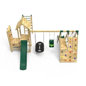 Rebo Wooden Climbing Frame with Vertical Rock Wall, Swing Set and Slides - Cairngorm+