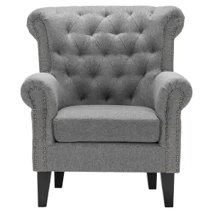 Grey Linen Upholstered Buttoned Back Nailhead Armchair Sofa Chair