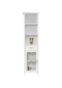 Teamson Home Freestanding Tall Column Bathroom Cabinet with Drawer and Open Shelves, White