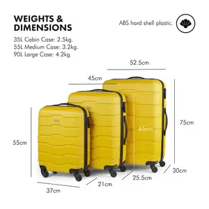 VonHaus Suitcase Set, Mustard 3pc Wheeled Luggage, ABS Plastic Carry On or Check in Travel Case, Hard Shell w/ 4 Spinner Wheels