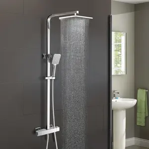 Nes Home Chrome Shower Head with Square Thermostatic Bar Valve & Riser Rail Kit