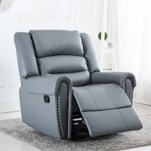 Denver Bonded Leather Recliner Armchair w Stud Sofa Home Lounge Chair Reclining (Grey)