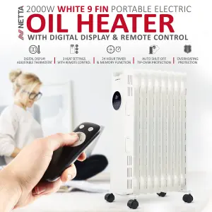 NETTA 2000W Oil Radiator with Timer, Remote & Digital Display - White