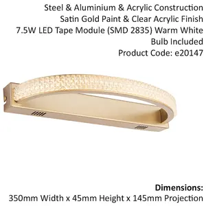 Satin Gold Wall Light Fitting - Warm White LED Tape Module - Reflective Diffuser