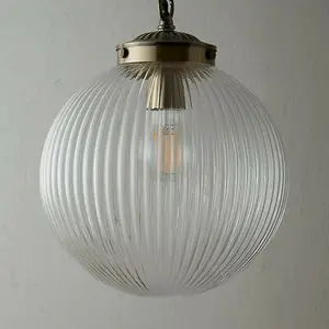 Hanging Ceiling Pendant Light BRASS & RIBBED GLASS Round Lamp Shade Bulb Holder