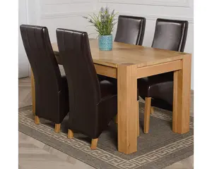 Kuba 150 x 85 cm Chunky Medium Oak Dining Table and 4 Chairs Dining Set with Lola Brown Leather Chairs