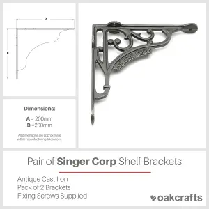 Oakcrafts - Pair of Antique Cast Iron Singer Corp Shelf Brackets - 200mm x 200mm