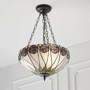 Luminosa Hutchinson 3 Light Medium Inverted Ceiling Pendant Bronze, Tiffany glass, E27