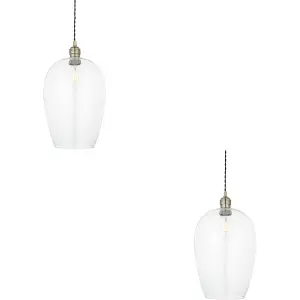 2 PACK Hanging Ceiling Pendant Light - Large Antique Brass Plate & Clear Glass - 10W LED E27