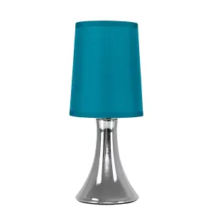 ValueLights Pair of - Small Chrome Touch Table Lamps with Teal Fabric Shades With 5w LED Dimmable Candle Bulbs In Warm White