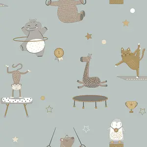 Animal Gymnastics Blue Children's Wallpaper