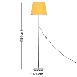 ValueLights Standard Floor Lamp In Polished Chrome Metal Finish With Mustard Tapered Shade With 6w LED GLS Bulbs In Warm White