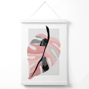 Tropical Monstera Grey and Pink Boho Botanical Poster with Hanger / 33cm / White