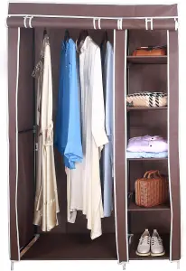 Fabric Canvas Wardrobe Organizer Clothes Rail Shelves Storage Closet Double Tall - Brown