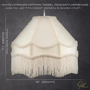 White Sleek Satin Victorian Lamp Shade with Floral Leaf Decor and White Tassels