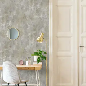 Grandeco Distressed Metallic Plaster Effect Plain Wallpaper, Grey