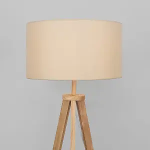 ValueLights Morrigan Light Wood Tripod Design Floor Lamp with Storage Shelf and Beige Drum Shade