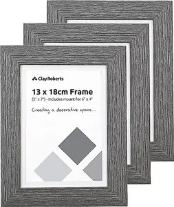 Clay Roberts Photo Picture Frames 7 x 5, Dark Grey, Pack of 3, Includes Mount for 6 x 4 Prints, Freestanding and Wall Mountable, 7