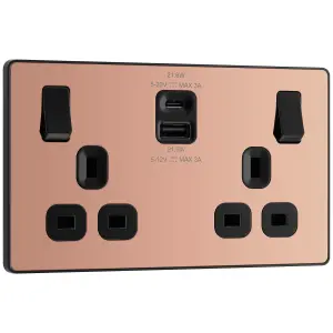 BG Polished Copper Double 13A 22W Raised slim Switched Screwless Socket with USB, x2 & Black inserts