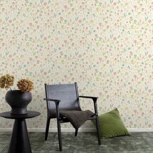 Grandeco Naive Ditsy Garden Flowers Textured Wallpaper, Neutral Pink