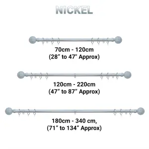 A.Unique Home Beaded Ball Metal Extendable Curtain Pole with Rings and Fittings (25/28mm) - Nickel, 120cm - 220cm Approx