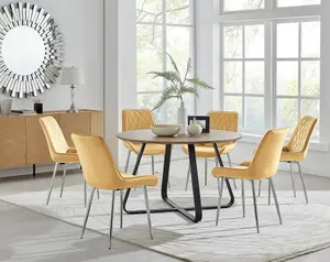 Furniturebox UK Santorini Brown Round Round Dining Table And 6 Mustard Pesaro Silver Leg Chairs