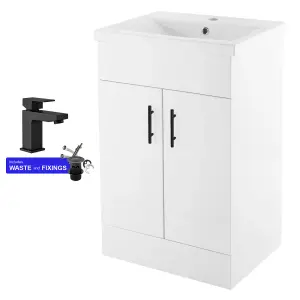 600mm Bathroom Vanity Unit White Cloakroom Two Door Basin Sink Cabinet with Black Handles & Matt Black Tap Set