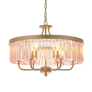 Luminosa Ascoli 6 Light Ceiling Pendant Champagne Paint & Rose Pink Cut Glass