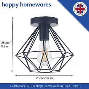 Industrial Basket Cage Designed Matt Black Metal Semi Flush Ceiling Light