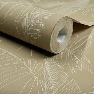 Grandeco Galapalos Sketch Leaf Sprig Foliage Blown Vinyl Wallpaper, Beige