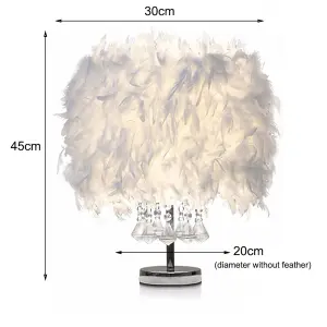 White Modern Feather Bedside Table Lamp with Crystal Pendant 30 x 45 cm