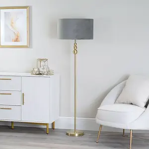 ValueLights Marissa Gold Stacked Ball Floor Lamp with Grey Velvet Shade - LED Bulb Included