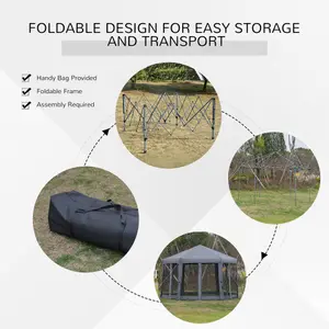 Outsunny 3.2m Pop Up Gazebo Hexagonal Canopy Tent Outdoor w/ Bag Grey