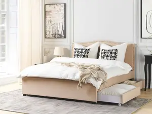 Fabric EU King Size Bed with Storage Beige MONTPELLIER