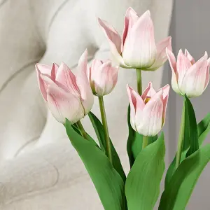 Bloom Artificial Pale Pink Tulips in Cement Pot - Colourful Faux Fake Realistic Lifelike Flower Potted Plant - H40 x 15cm Diameter