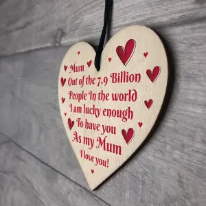 Red Ocean I Love You Mum Gifts Hanging Sign For Birthday Mothers Day Wooden Heart Plaque