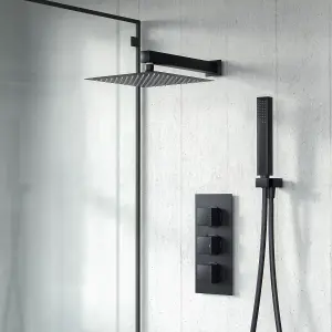 Temel Matt Black Square Shower Head Concealed Thermostatic Mixer Valve Hand Held