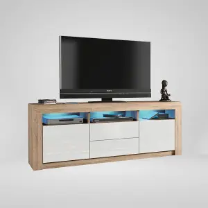 TV Unit 160cm Sideboard Cabinet Cupboard TV Stand Living Room High Gloss Doors - Oak & White