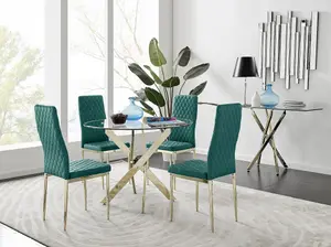 Furniturebox UK 4 Seater Dining Set - Novara 100cm Gold Round Glass Dining Table and Chairs - 4 Green Velvet Milan Gold Leg Chairs