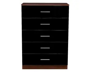 REFLECT 5 Drawer Chest of Drawers in Gloss Black Drawer Fronts and Walnut Carcass