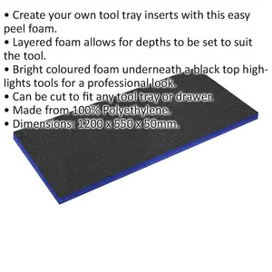 1200 x 550 x 50mm Blue Easy Peel Foam for Tool Chest and Flight Case Inserts