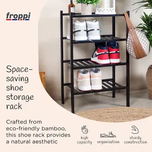 Froppi™ 4 Tier Shoe Rack for Shoe Storage, Black Bamboo Wooden Space Saving Rack, Shoe Organizer Shelf L45.2 W29.5 H72.4 cm