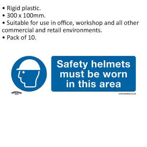 10 Pack of Mandatory Safety Helmet Signs - Durable Rigid Plastic 300 x 100mm