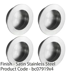 4 PACK - Large Recessed Sliding Door Flush Pull - 80mm Round 12mm Depth Satin Steel