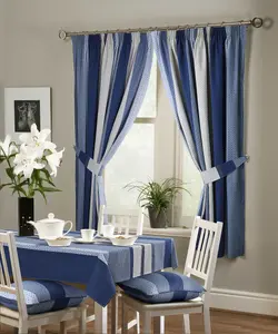 Home Curtains Seville Printed Stripe Lined 90w x 84d" (229x213cm) Blue Pencil Pleat Curtains (PAIR) With Tiebacks Included