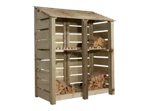 Slatted wooden log store with kindling shelf W-146cm, H-180cm, D-88cm - natural (light green) finish