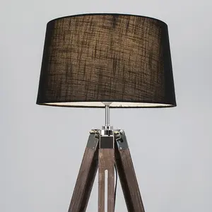 ValueLights Clipper Wood and Silver Chrome Tripod Floor Lamp with Black Tapered Shade - Complete with 6w LED GLS Bulb