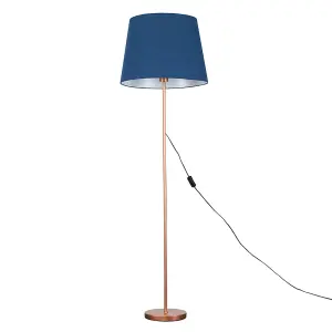 ValueLights Modern Copper Metal Standard Floor Lamp With Navy Blue Tapered Shade - Includes 6w LED Bulb 3000K Warm White